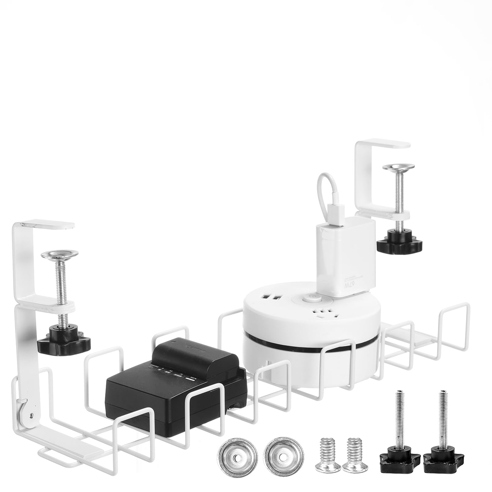 Cable Management Under Desk Tray No Drill, Cable Tidy Rack for Desk Organisation Fits Most Tables Under Desk Wire Cable Organiser for Office and Home Electric Standing Desk -White