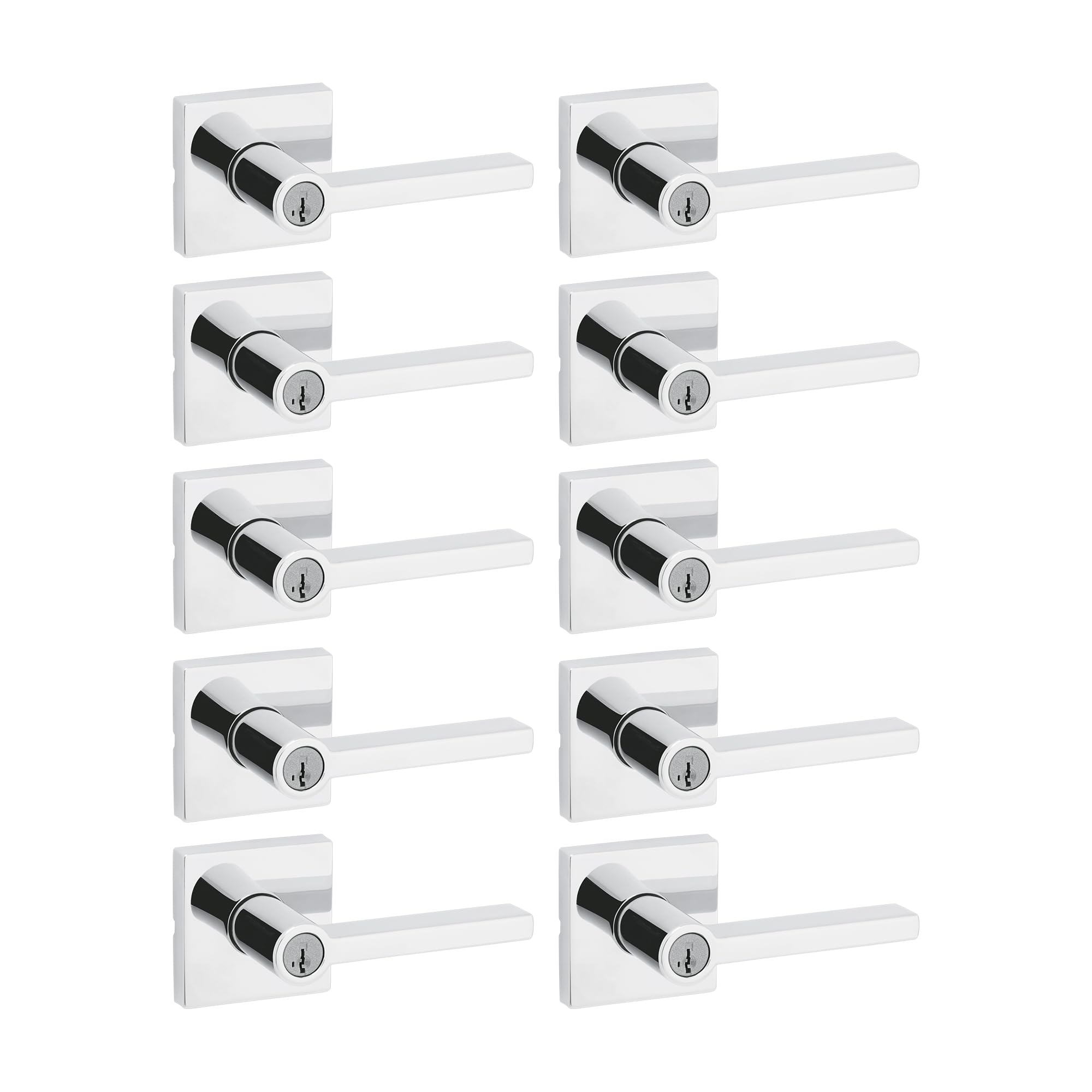 Kwikset Halifax Entry Door Handle with Lock and Key, Secure Keyed Reversible Lever Exterior, for Front Entrance and Bedrooms, Polished Chrome, 10 Pack, Pick Resistant SmartKey Rekey Security Image