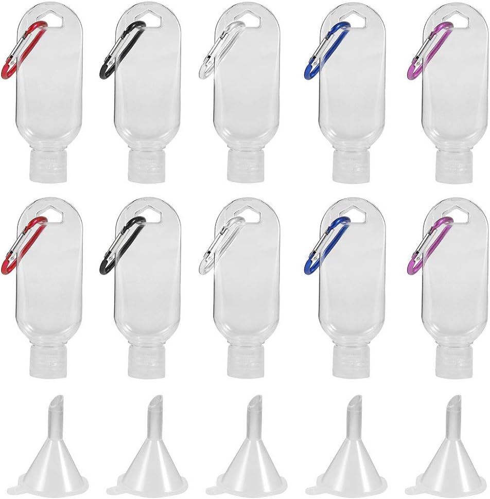 ATopoler 10pcs 50ml Refillable Travel Bottles Clear Keychain Bottles with Flip Caps and 5pcs Funnel,Travel Leakproof Empty Bottles Portable Squeeze Containers for Cosmetics Liquids