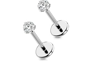 OUFER 2PCS Nose Rings Studs, G23 Solid Titanium Threadless Nose Rings Silver 20G, Sparkling CZ Threadless Flat Back Nose Nost