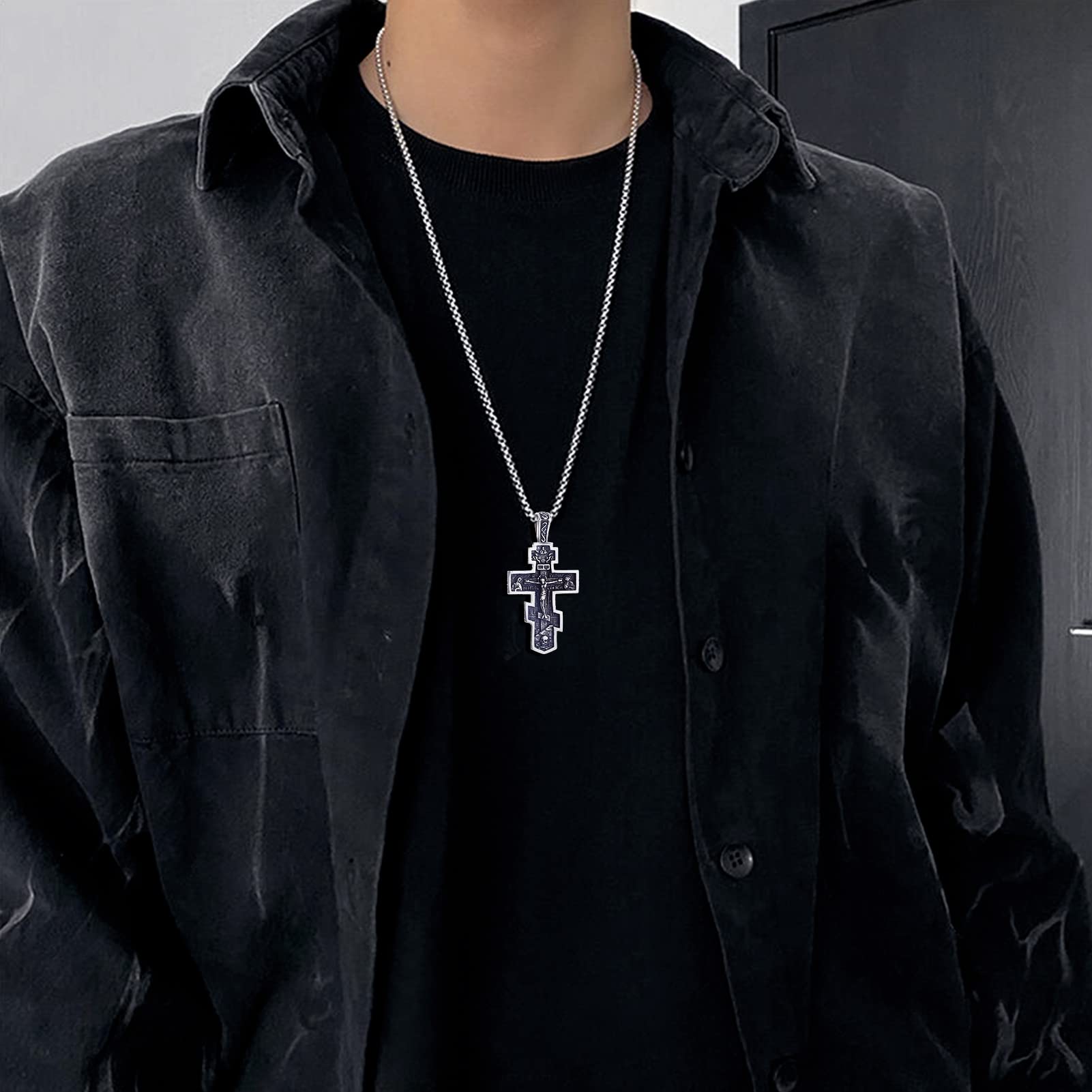 KOMI 316L Stainless Steel Necklace Jesus Crucifix Cross Necklace For Men Celtic Orthodox Cross Necklace Virgin Mary Pendant Necklace Viking Rune Chain Necklace Religious Christian Jewelry Gifts For Men