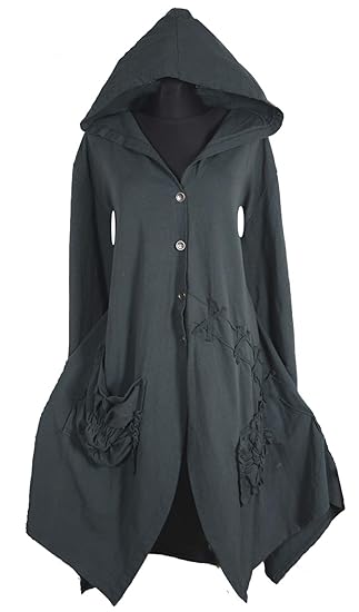 Damen Lagenlook Kapuze Mantel Swinger Trench Coat 42 44 46 48 50 M L XL XXL Wintermantel Übergang Winter Grau Gothik