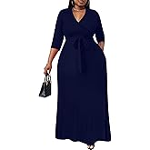 Nmoder Plus Size Maxi Dress for Women - Summer Casual 3/4 Sleeve Floral Flowy Long Dress with Belt XL- 6XL