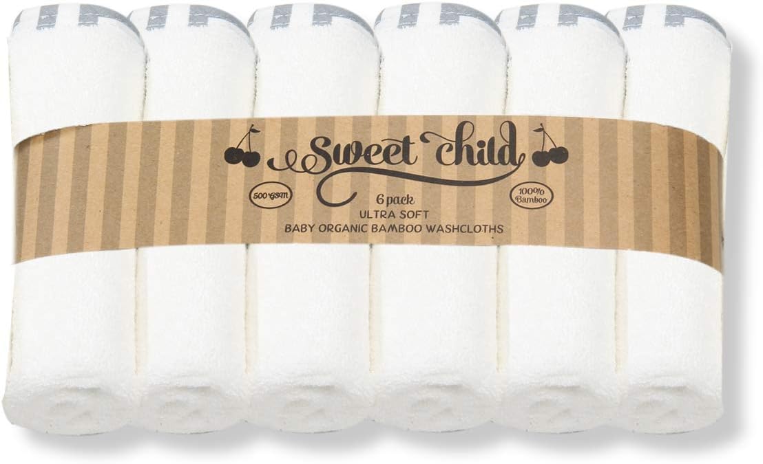 Sweet Child Baby Bamboo Washcloths - Premium Wash Cloth Set of 6 - Ultra Soft Kids/Infant Wash Cloths for Face and Body - Neutral Washcloth Pack - Top Baby Registry and Shower Gifts (Grey)