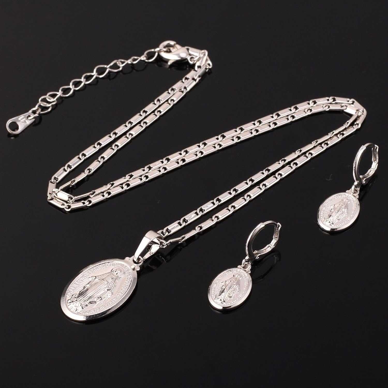 U7 Virgin Mary Jewelry Set Religious Platinum Plated Oval