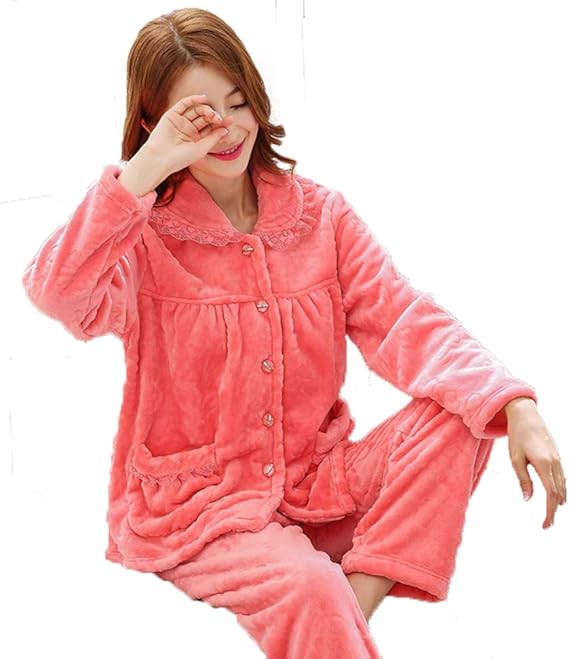 Amazon カタク パジャマ レディース かわいい 冬 暖かい フランネル もこもこ ふわふわ 柔らか レース 上下セット 長袖 部屋着 前開き ルームウェア パジャマ ルームウェアセット 通販