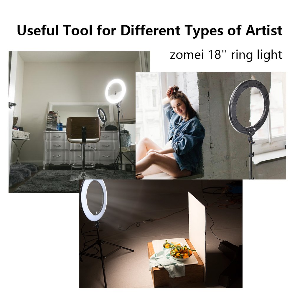 18\'\' Ring Light with 70\'\'stand，ZoMei Dimmable LED Ring Light with tabletop stand for making up, youtube videos with ballhead, phone holder & diffuser cloth