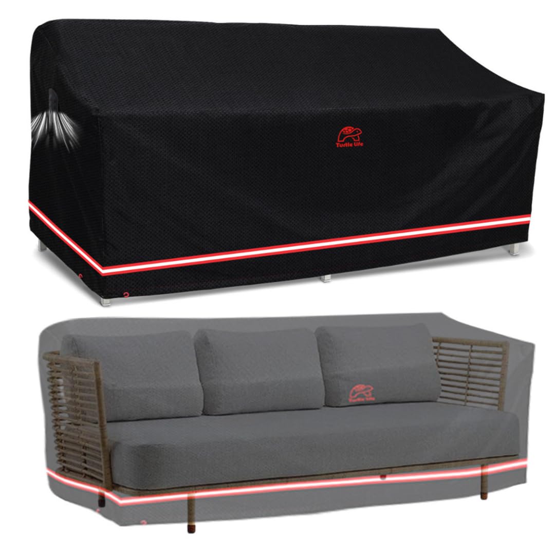 Turtle Life Garden Sofa Cover, Patio Outdoor Heavy Duty Durable UV&Water Resistant Anti-Fading Sofa Covers Lounge Sofa Cover with Air Vents，Black，264x102x89 cm
