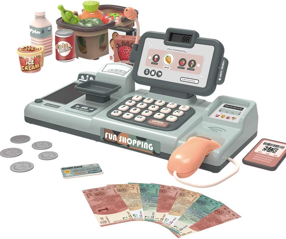 RVEE Toy Cash Register Shopping Pretend Play Money Machine -Realistic Actions & Sounds with Scanner, Calculator,Microphone,Credit Card Reader,Play Food Set -Early Educational Learning Set For Toddlers