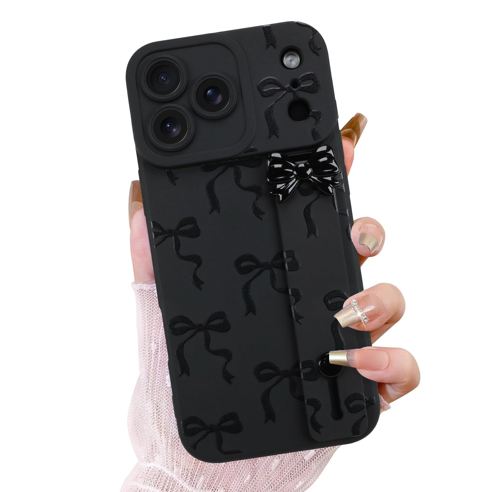 OOK Case for iPhone 17 Pro Max Case with Screen Protector, Cute Bow Design with Adjustable Wristband Strap Kickstand Slim Soft TPU Rubber for Women Girls Phone Cover-Black