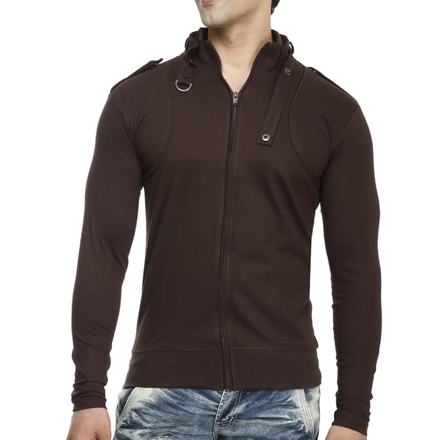 tees collection men's full zip buckle neck full sleeve brown colour t-shirt