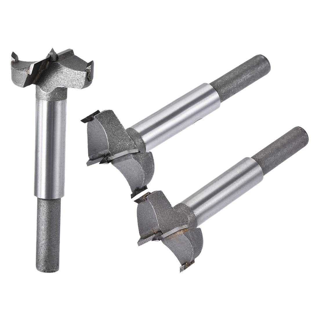 sourcing map Forstner Wood Boring Drill Bits 28mm 30mm 32mm Dia. Hole Saw Carbide Alloy Steel Tip Round Shank Cutting for Hinge Plywood Wood Tool 3in1 Set