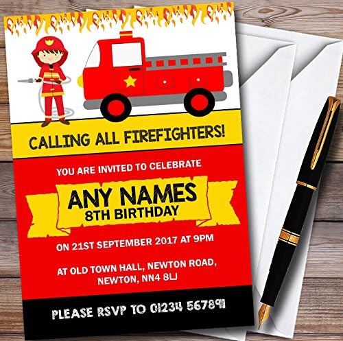 Pack Of Ten Children's Party Invitations - 10 x Fireman Firefighter Fire Engine Children's Birthday Party Invites