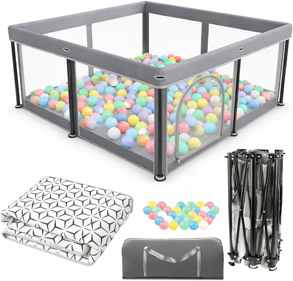 Colpart Foldable Playpen with Mat 50x50 in Grey Portable Safe Baby Yard