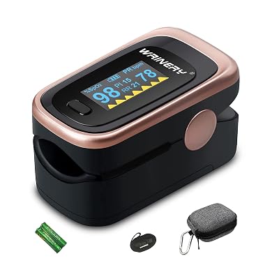 Oxygen Saturation Monitor, Wrinery Premium Pulse Oximeter Fingertip, Oxygen Monitor, O2 Saturation Monitor, OLED Portable Oximetry with Batteries, Lanyard (Rose gold-Royal black)