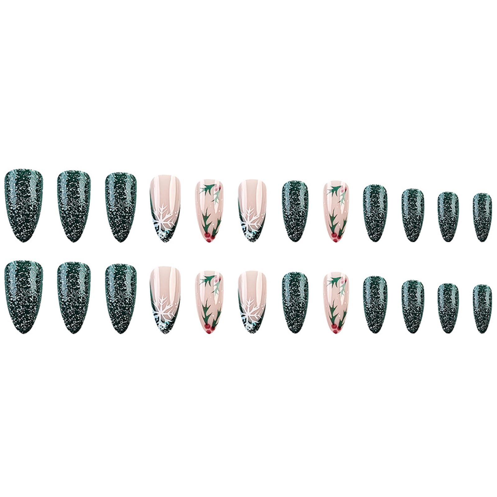 Christmas Press on Nails Almond Green Glitter Fake Nails Medium French Tip False Nails with Snowflake Designs Acrylic Nails Xmas Glue on Nails Glossy Medium Artificial Nails Stick on Nails for Women - Image 8