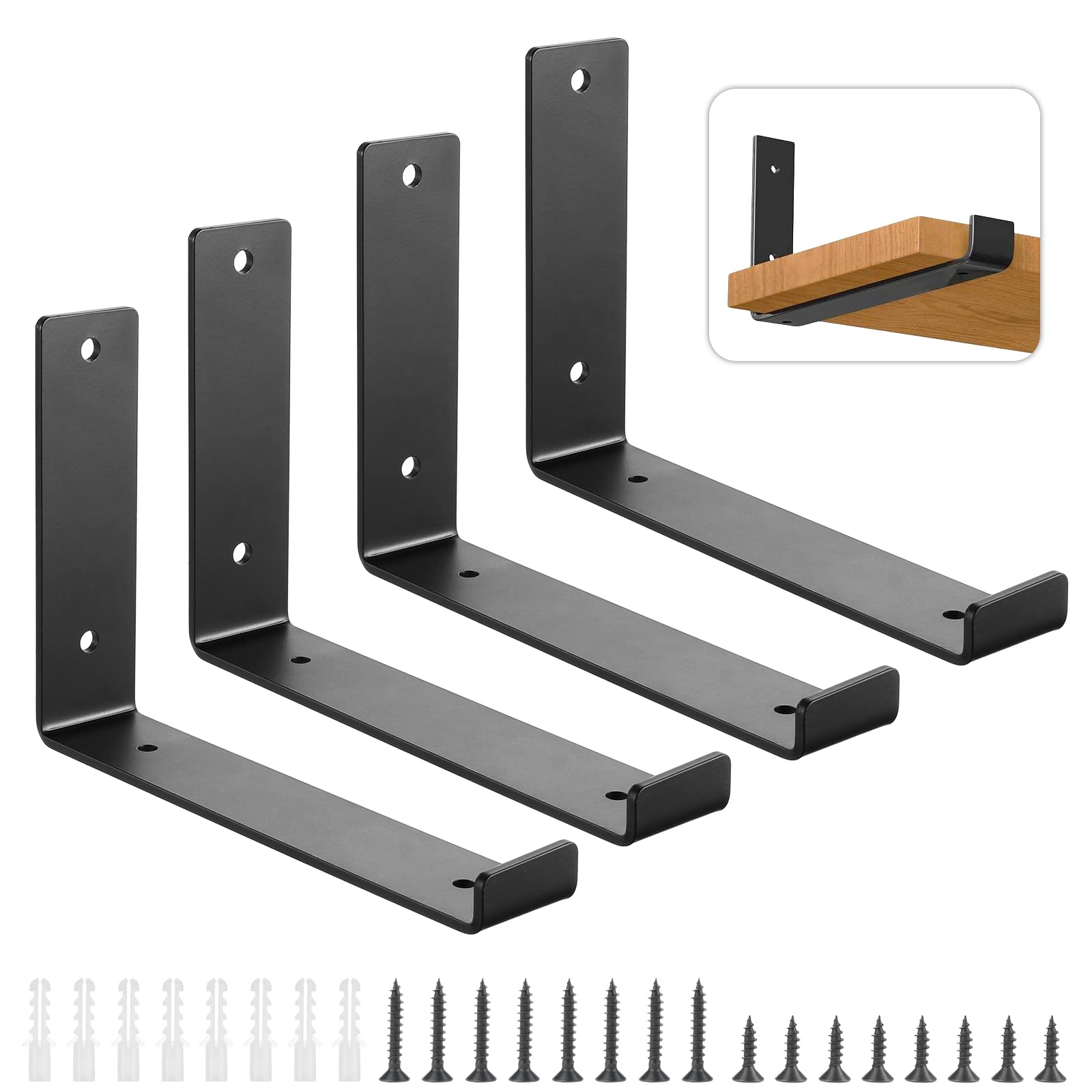 Fippy 4PCS Heavy Duty Floating Shelf Brackets - 250 mm, Wall Mounted, Black Industrial Shelf Supports with Matching Screws