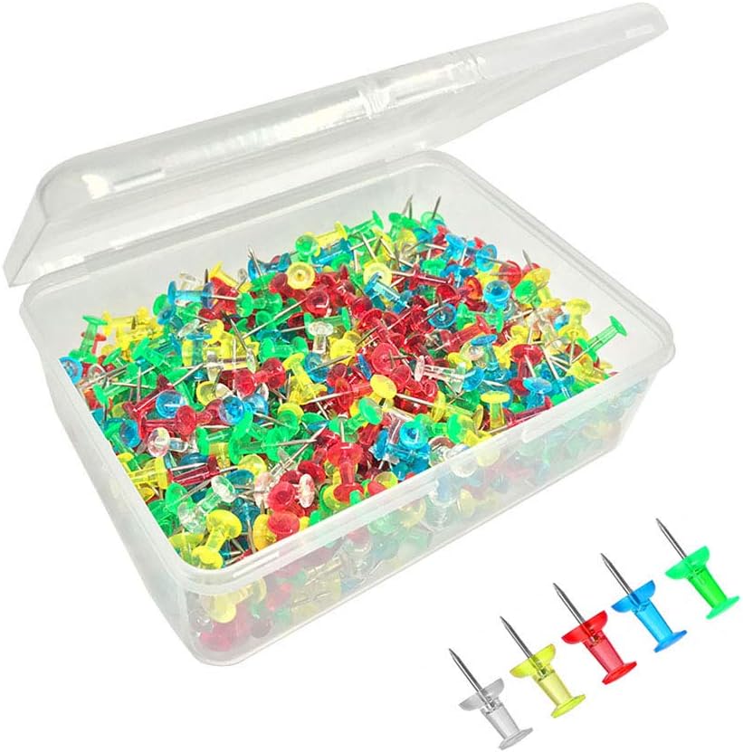 Color Push Pins 600 Count Cute Standard Office Thumb Tacks Decorative for Cork Board Travel Map 1/2" Clear Steel Point Transparent Plastic Head