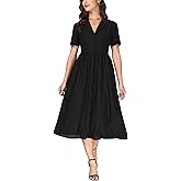 Ladyful Women's Short Sleeve Elegant Midi Dress Collared V Neck Button Up Shirt Dress A Line Formal Long Dress