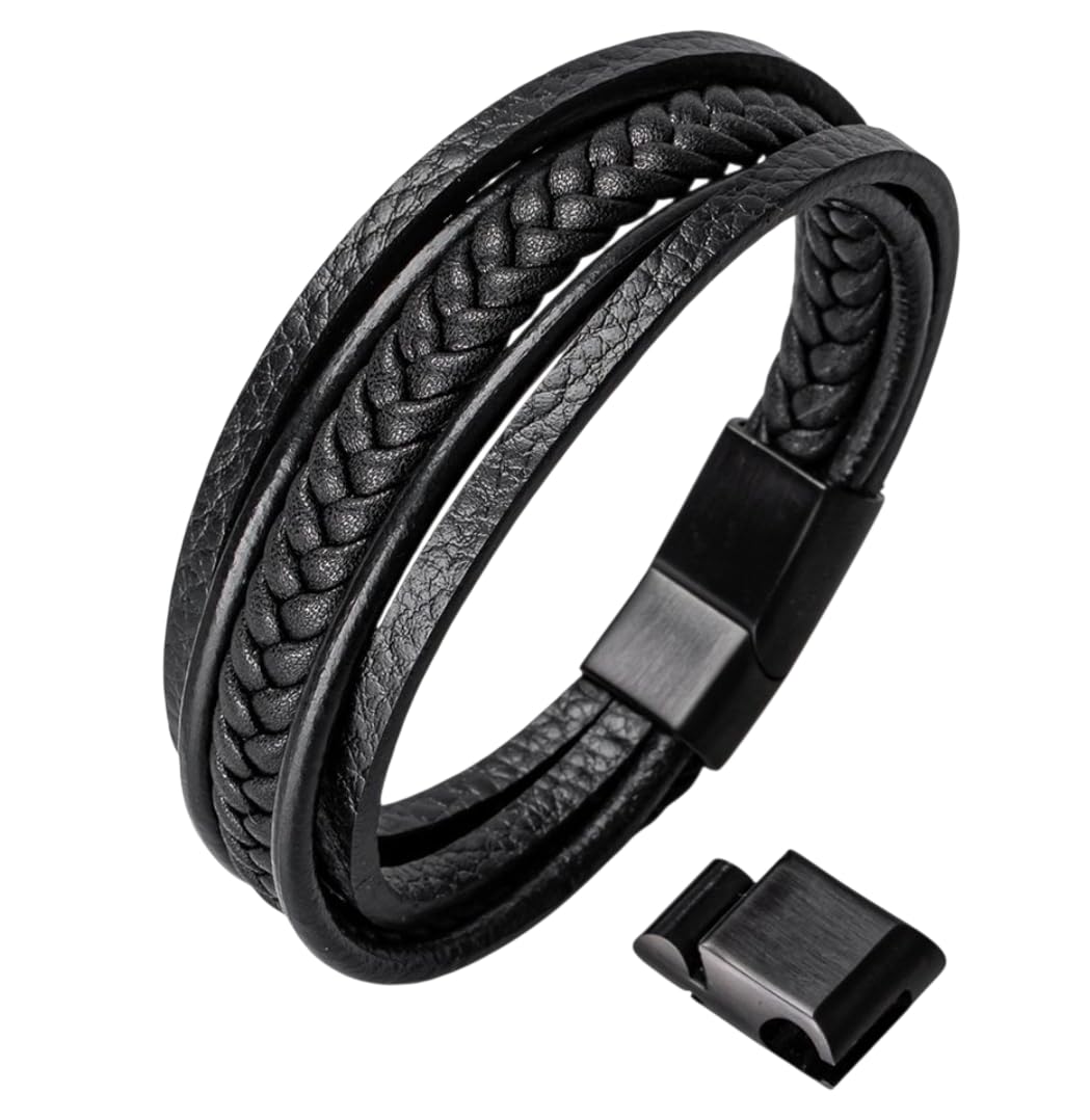 HOOF Men's bracelet made of genuine leather, black/brown, braided bangle, 19.5 cm - 27 cm, magnetic clasp, stainless steel, elegant jewellery box, gift for men, friends, partners up to XXXL, 21 centimeters, Leather