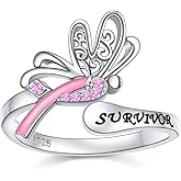 JZMSJF 925 Sterling Silver Breast Cancer Awareness Ring, Faith Inspirational Gifts, Butterfly Pink Ribbon Rings with CZ, Breast Cancer Survivor Jewelry for Women