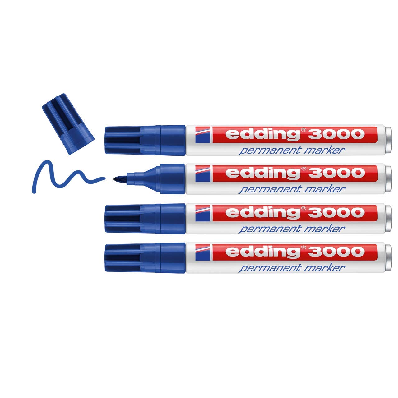 edding 3000 permanent marker - blue - pack of 4 - round nib 1.5-3 mm - quick-drying permanent markers - waterproof, smudge-proof - for cardboard, plastic, wood, metal, fabric - marker pens