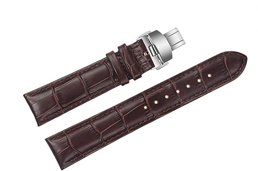 20mm Brown Luxury Replacement Leather Watch Straps/Bands Padded Crocodile Embossed with Deployment Double-Push...