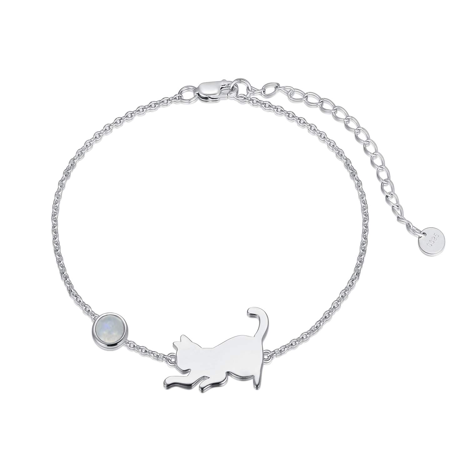 LONAGO Cat Bracelet 925 Sterling Silver Cute Cat with Birthstone Bracelet Jewelry for Women (June-Moonstone)