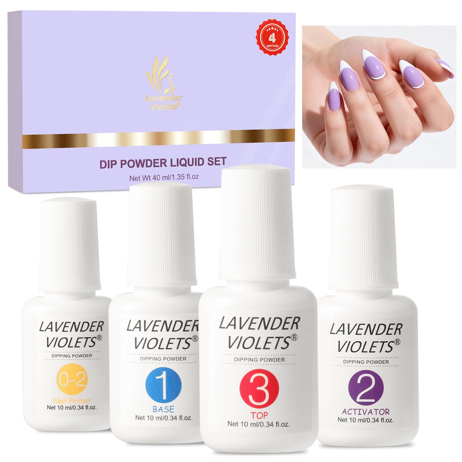Lavender Violets Dip Powder liquid Set with Nail Primer, Activator, Base & Top Coat High Glossy & Long Lasting Starter Friendly Dipping Powder Nail Kit Essential Portability J781