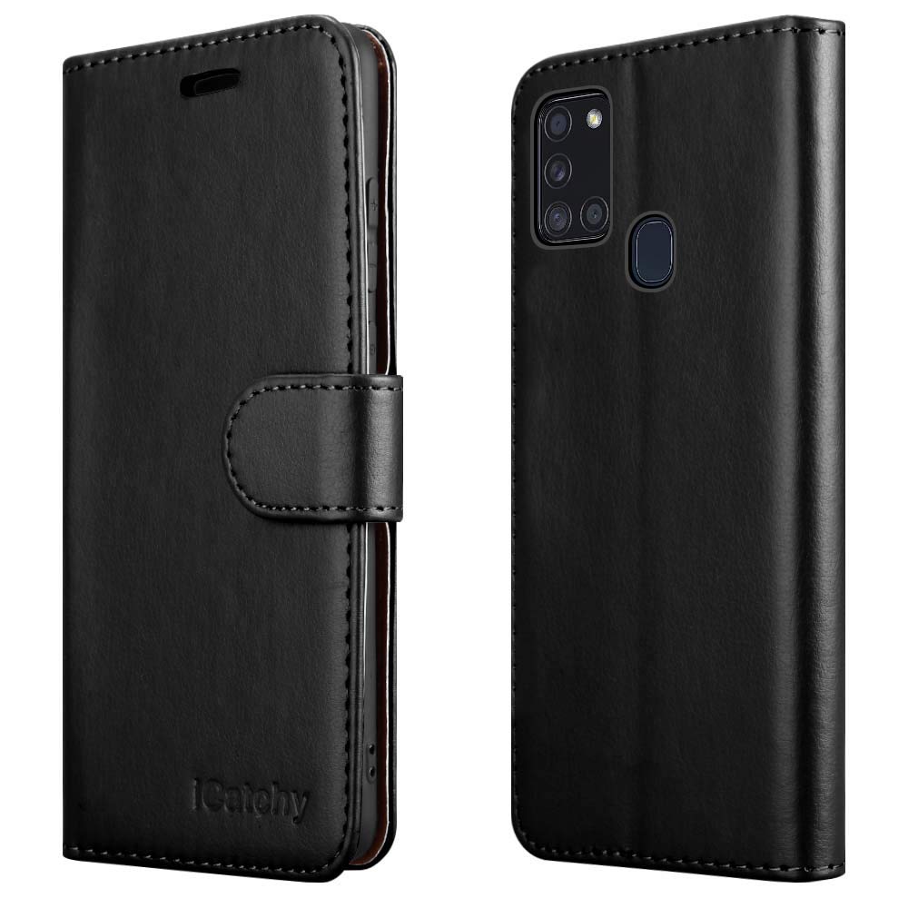 iCatchy For Samsung Galaxy A21s Case Leather Wallet Book Flip Folio Stand View Cover compatible with Samsung Galaxy A21s (6.5") Phone Case (Black)