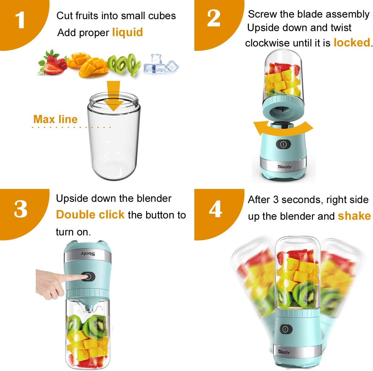Portable Mini Blender, Personal Blender USB Rechargeable for Smoothies and Shakes with 2 Tritan BPA-Free Blender Cups, Small Smoothie Maker Protein Juice Blender Mixer (Blue): Kitchen & Dining