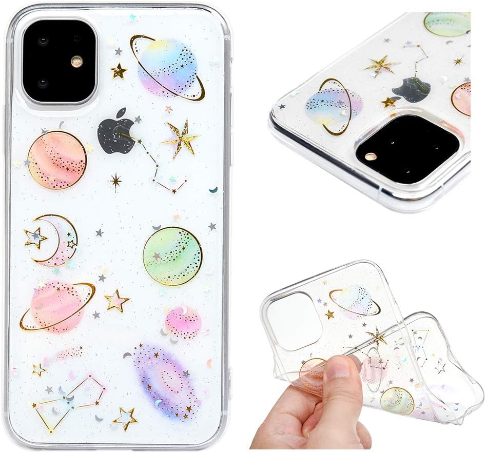 Badalink Cute iPhone 11 Bling Case, No-Fading Star Planet Pattern Glossy Clear TPU Silicone Case, Flexible Slim Protective Skin Shockproof Luxury Transparent Cover for iPhone 11 6.1inch