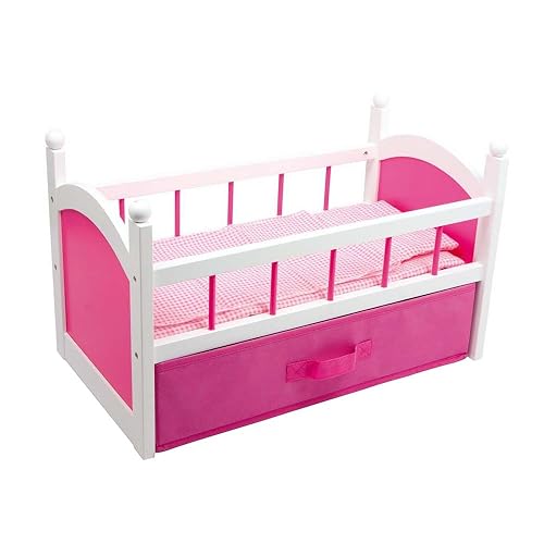 Dolls Wooden Crib Cot Bed With Bedding and Pink Clothes Drawer Storage
