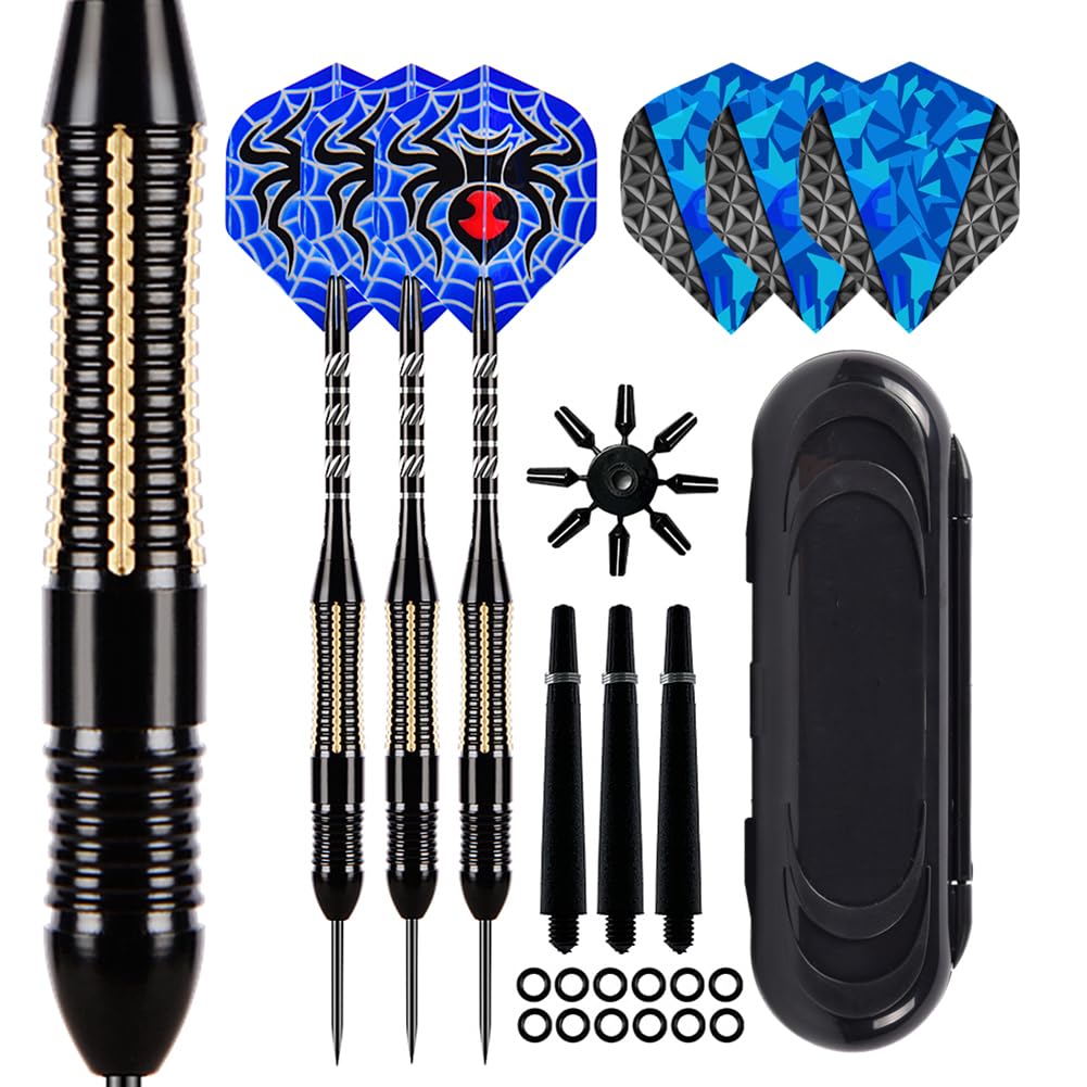 Aiqilai Professional Darts Set 26g,3 Pack Steel Tip Darts Set With Aluminum Shafts(+3 More Spare Shafts) and 2 Style Flights+Rubber O-Rings and Darts Case-Black
