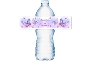 ROKAPARY 25 Butterfly Bottle Labels, Waterproof Water Bottle Wrappers, Thank You for Fluttering by Stickers for Themed Birthday Party Decorations, Made in USA