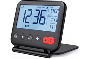 NOKLEAD Digital Travel Alarm Clock for Bedroom Office: Small LCD Desk Clock with Backlight Date Temperature Snooze 12/24H Weekend Mode and Mirror, Battery Powered Folding Bedside Clock for Adult Kids