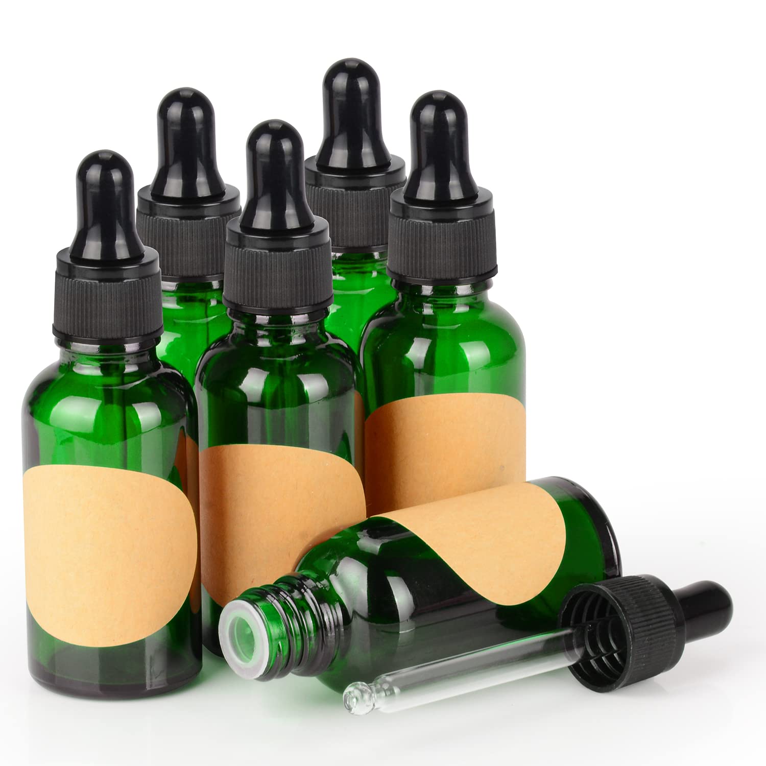 stonylab 30 ml 6-Pack Glass Dropper Bottle, Green Empty Glass Bottle with Glass Dropper, Inner Plug and Label for Laboratory Solutions