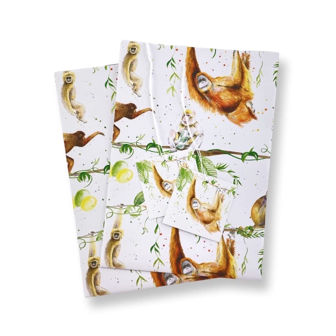 Monkey Orangutan Primate Jungle Recycled and Recyclable gift wrapping paper, 2 sheets wrap and 2 strung tags