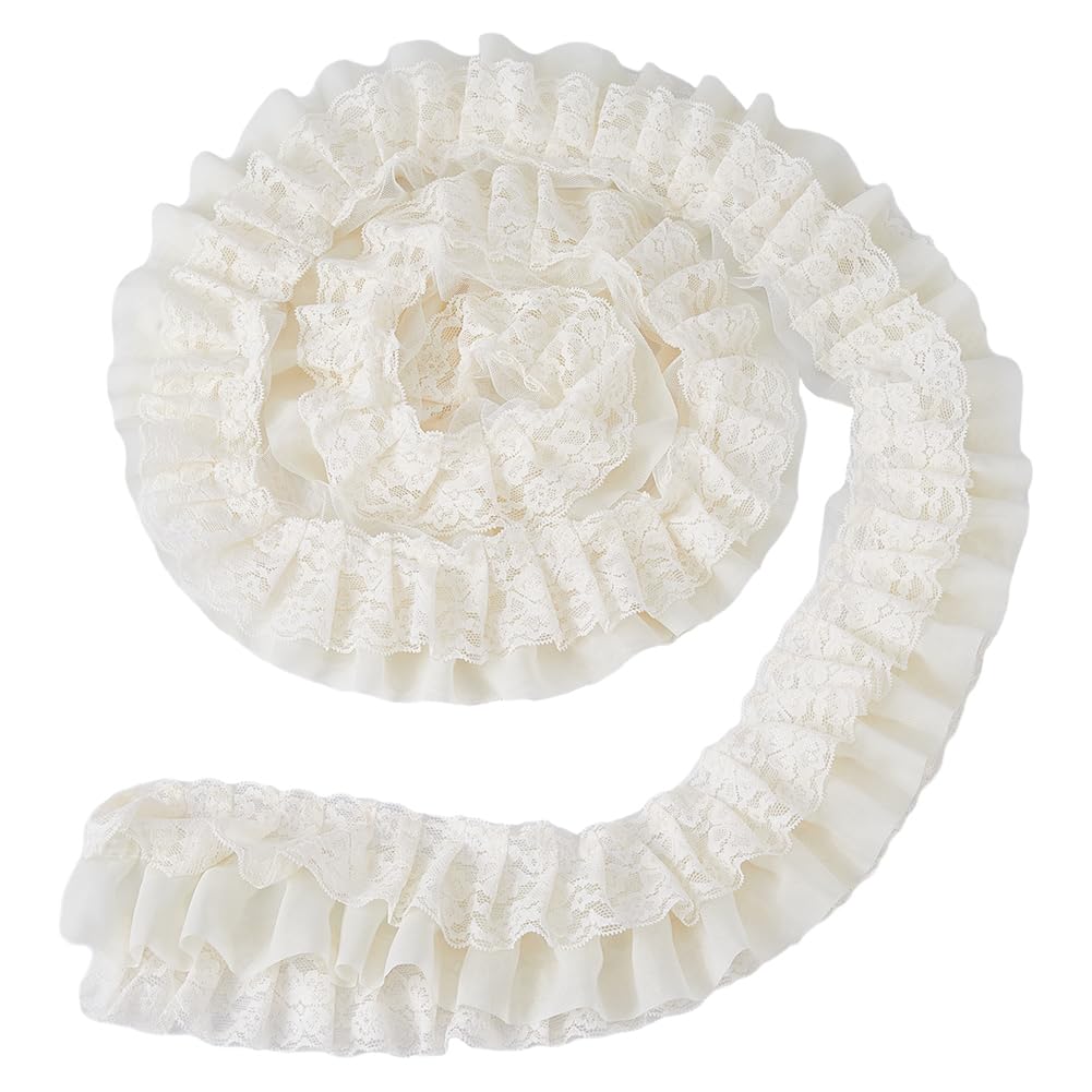 SUPERFINDINGS 2 Yards 3-Layer Polyester Sewing Lace White Ruffle Lace Pleated Trim 4-5 inch Wide Gathered Mesh Chiffon Ribbon for Dress Making Sewing Craft Decoration