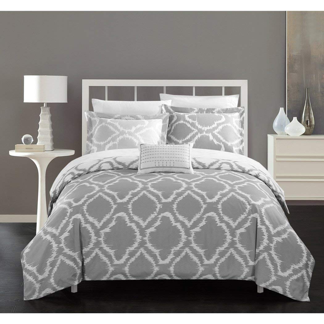 8 Piece Grey White Trellis Pattern Duvet Cover with Sheets