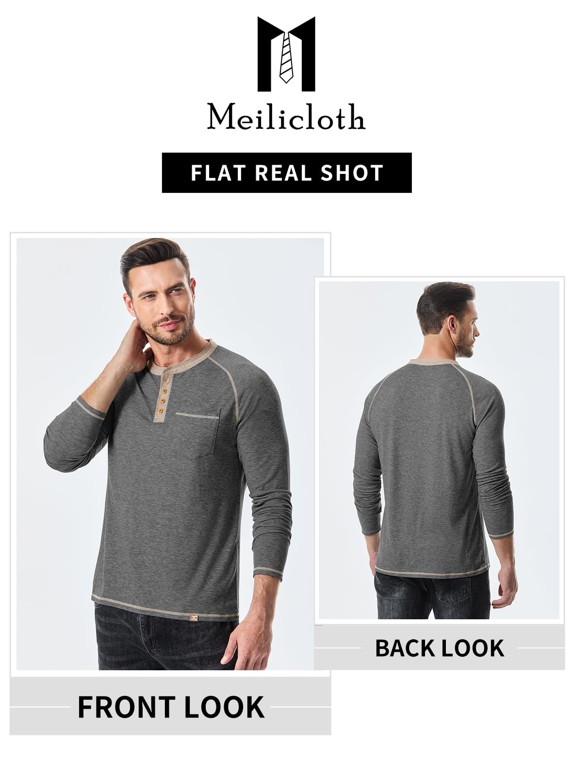 Meilicloth Mens T Shirt Long Sleeve Tshirt Casual Pullover V Neck Tee Shirt Button up Henley Tops Lightweight Shirt with Pocket