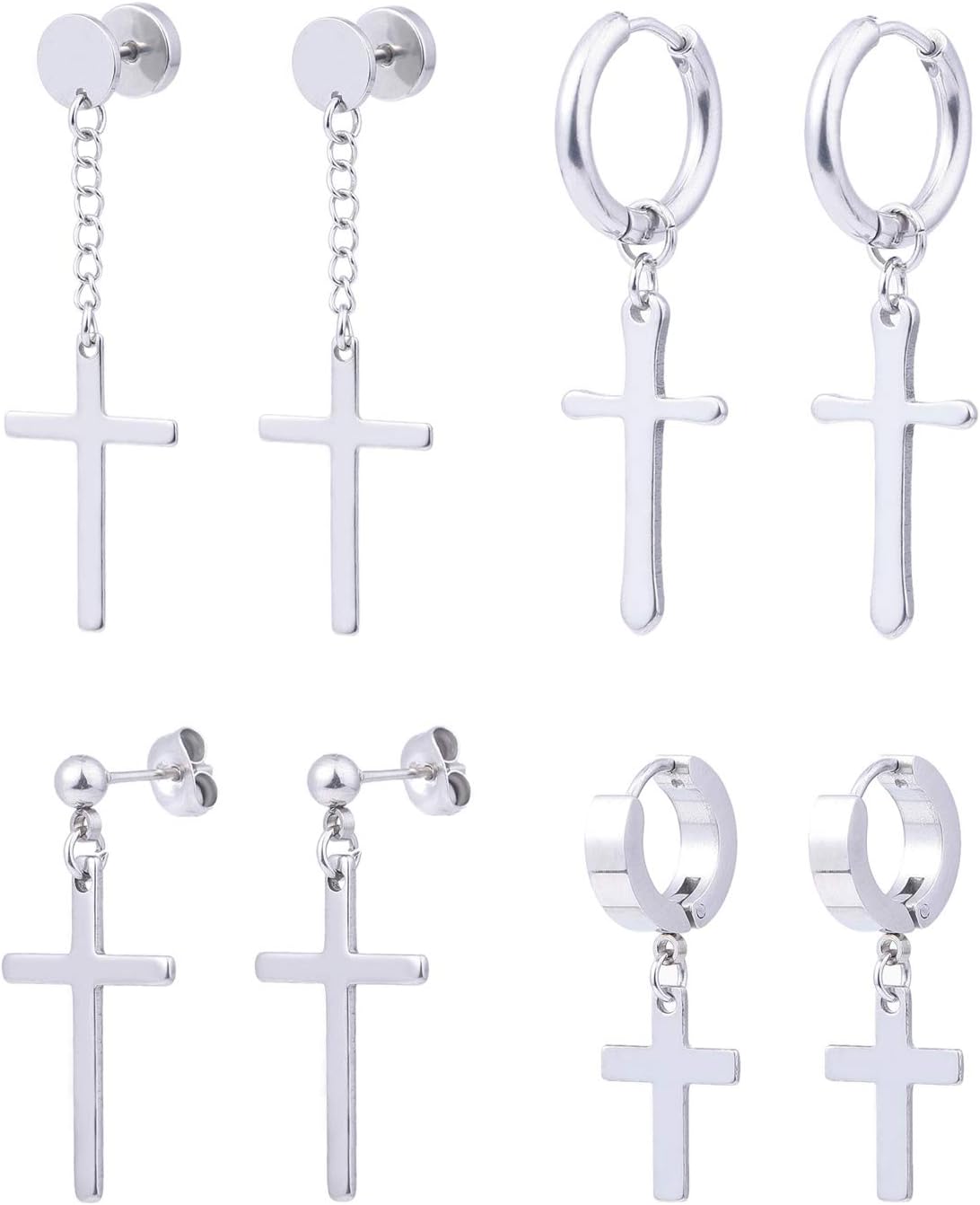 Szory 4 Pairs Stainless Steel Stud Hoop Earrings with Dangle Cross for Men Women