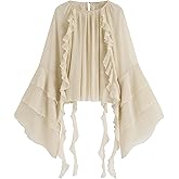 CIDER Womens Blouse Dressy Casual Crew Neck See Through Ruffle Hem Bell Sleeve Loose Fit Chiffon Blouse