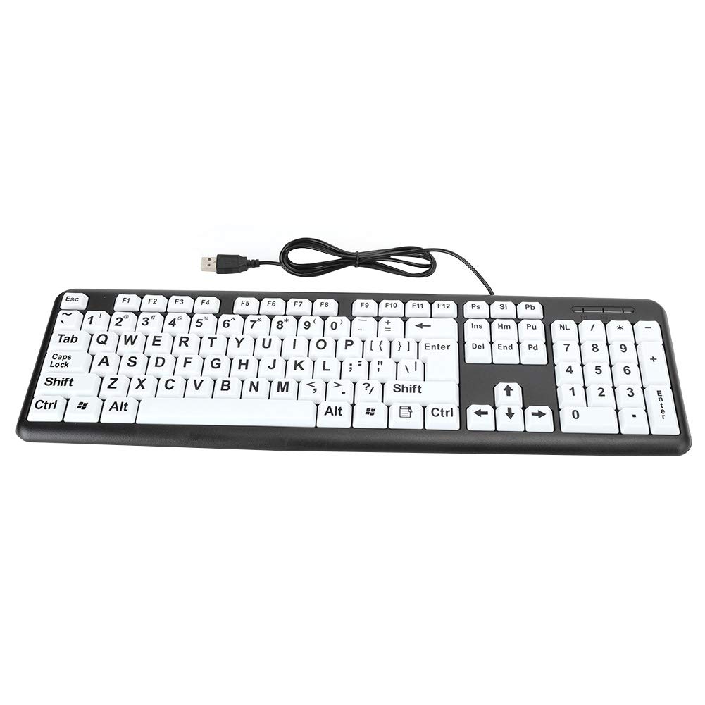 Large Print USB Wired PC Laptop External Keyboard, 104 Keys (1.35m/53.1in) for Elderly, Visually Impaired, Old People - White