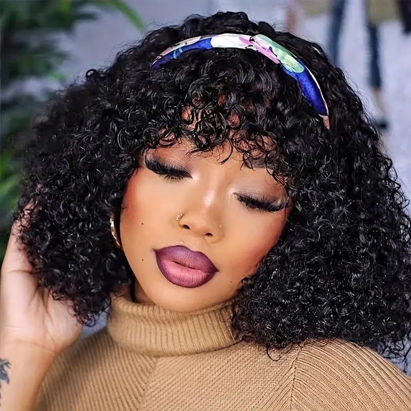 14 Inch Short bob Human Hair Wig With Bangs Kinky Curly Wig For Black Women 180% Density Glueless Brazilian Human Hair Bob Wigs