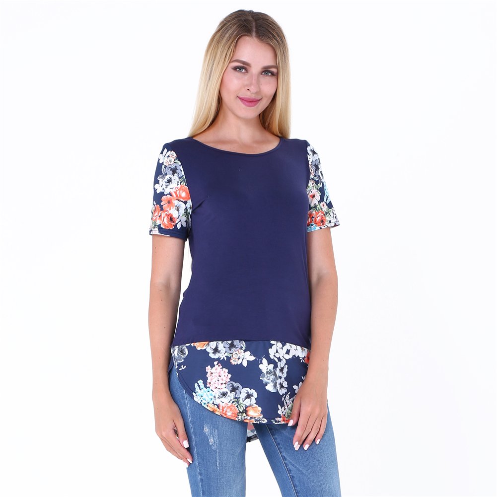 Pullover Casual Tees T-Shirt Floral Printed Tunic Tank Tops for Women Navy Blue Plus Size