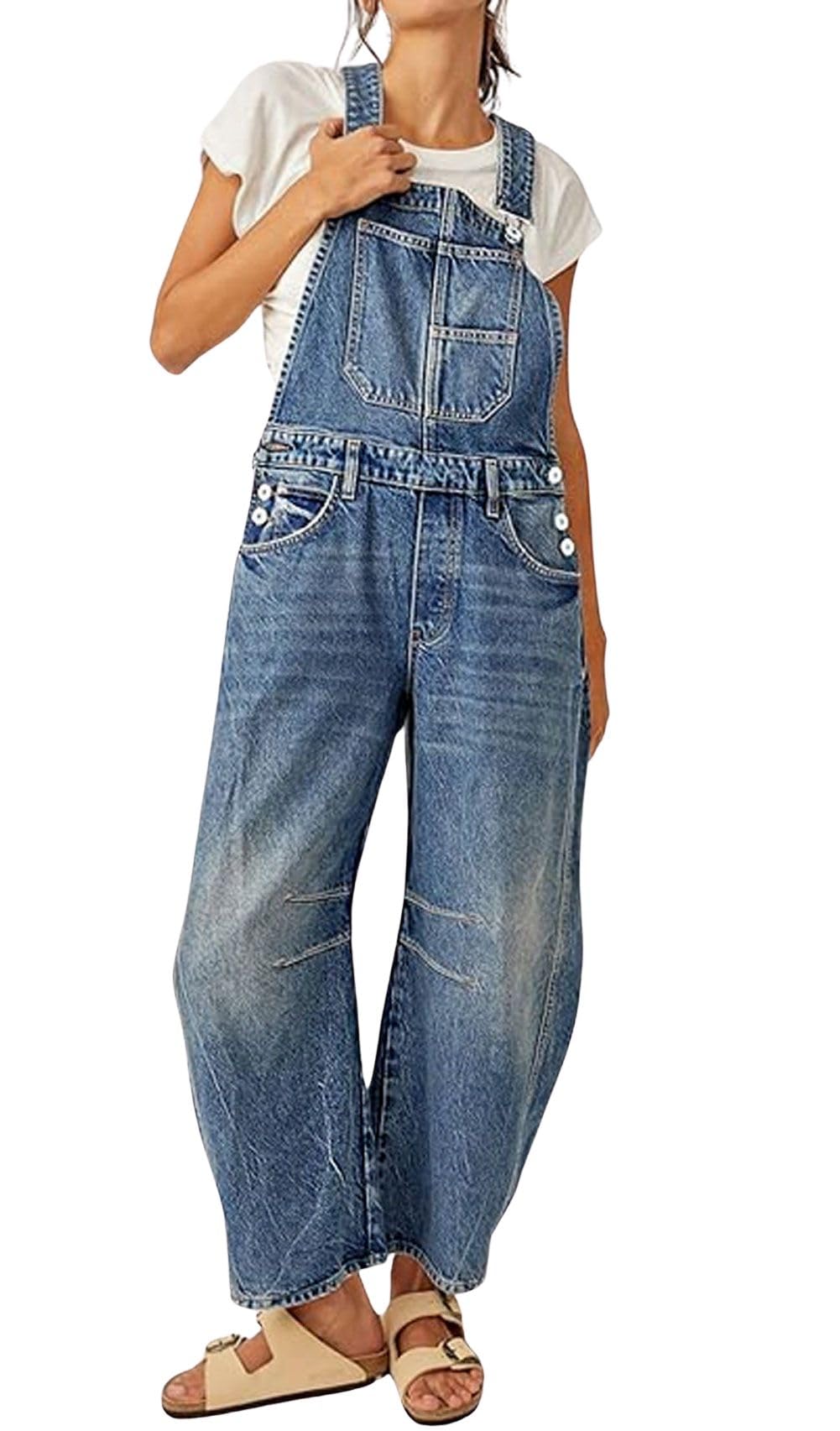 Photo 1 of loveimgs Women Y2k Baggy Barrel Jeans Overalls Wide Leg Denim Pants Bib Overalls Jumpsuit Boyfriend Patchwork Jeans (X-Large,Dark blue)