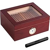 Somduy Cigar Humidor for 30-50 Cigars with Humidifier and Hygrometer,Desktop Cedar Wood Cigar Box Storage Case with Divider, Glass Top, Gift for Men,Reddish Brown