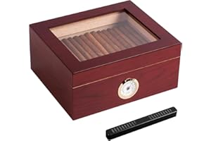 Somduy Cigar Humidor for 30-50 Cigars with Humidifier and Hygrometer,Desktop Cedar Wood Cigar Box Storage Case with Divider, Glass Top, Gift for Men,Reddish Brown