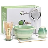 Buucup Japanese Matcha Set, Matcha Bowl with Spout, Matcha Whisk and Holder, Bamboo Matcha Scoop and Stainless Steel Sifter - 5 Pcs Gradient Green Matcha Kit for Matcha Lover